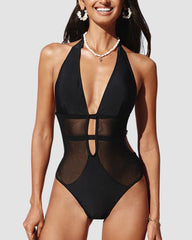 Mesh Deep V Halter One Piece Swimsuit