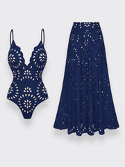 Flower Hollow One Piece Swimsuit and Skirt