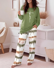 Floral Print 2-Piece Set with Round Neck Top and Ombre Loose Fit Pants