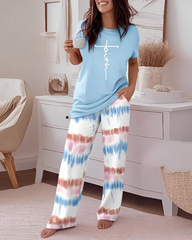 Floral Print 2-Piece Set with Round Neck Top and Ombre Loose Fit Pants