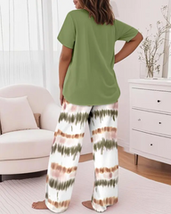 Floral Print 2-Piece Set with Round Neck Top and Ombre Loose Fit Pants