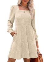 Womens Square Neck Long Sleeve Fall Dresses Casual Babydoll Sweater Dress