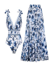 V Neck Blue Print One-Piece Swimsuit and Matching Cover Skirt Set Summer Swimdress
