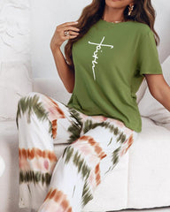 Floral Print 2-Piece Set with Round Neck Top and Ombre Loose Fit Pants
