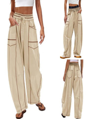 Womens Baggy Barrel Pants Wide Leg Lounge Drawstring Sweatpants with Pockets