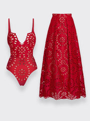 Flower Hollow One Piece Swimsuit and Skirt