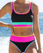 Color Contrast Patchwork Nylon Sporty 3 Piece Bikini Sets