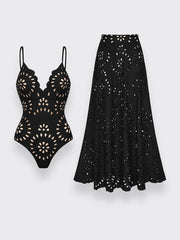 Flower Hollow One Piece Swimsuit and Skirt