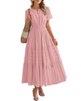 Women's Casual Boho Maxi Dress V Neck Short Sleeve with Pockets