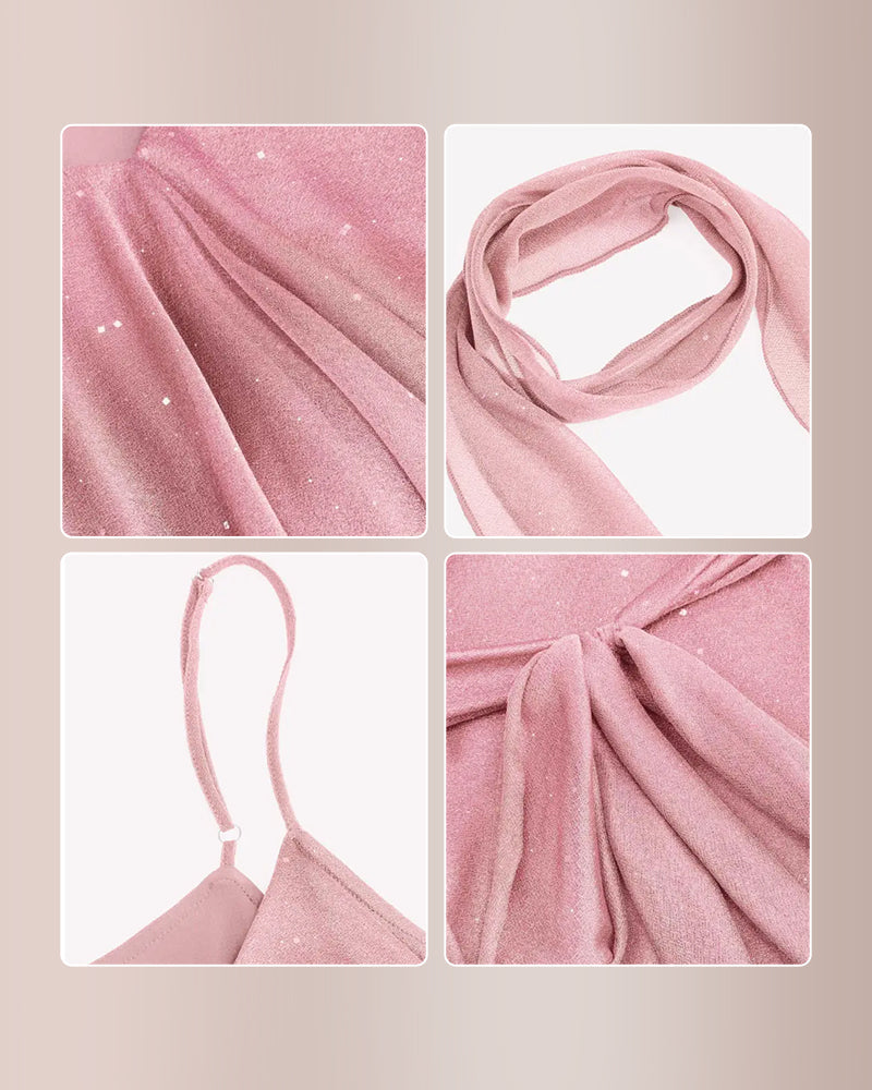 Sparkly Mesh V-Neck Slip Mini Dress with Layered Hem
