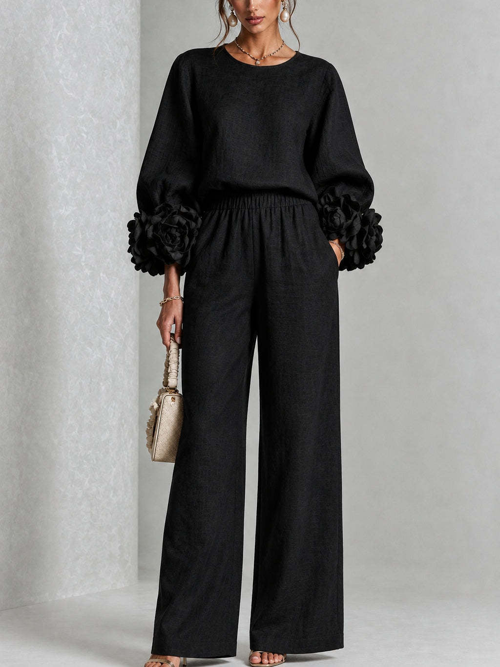 Floral Wide-Leg Trouser Set With Pink Sleeves