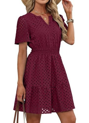 Women V Neck Lace Eyelet A Line Summer Dress