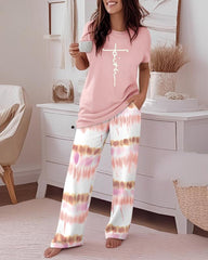 Floral Print 2-Piece Set with Round Neck Top and Ombre Loose Fit Pants