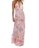 Womens Halter Backless Floral Dot Maxi Dress