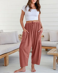 Womens Linen Wide Leg Pants Casual Loose Beach Palazzo Harem Pants with Pockets