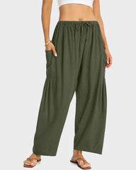 Womens Linen Wide Leg Pants Casual Loose Beach Palazzo Harem Pants with Pockets