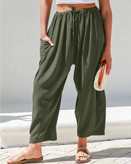 Womens Linen Wide Leg Pants Casual Loose Beach Palazzo Harem Pants with Pockets