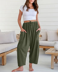 Womens Linen Wide Leg Pants Casual Loose Beach Palazzo Harem Pants with Pockets