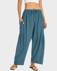 Womens Linen Wide Leg Pants Casual Loose Beach Palazzo Harem Pants with Pockets