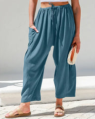 Womens Linen Wide Leg Pants Casual Loose Beach Palazzo Harem Pants with Pockets