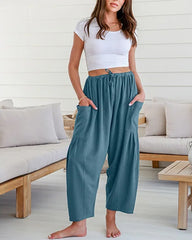 Womens Linen Wide Leg Pants Casual Loose Beach Palazzo Harem Pants with Pockets