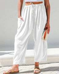 Womens Linen Wide Leg Pants Casual Loose Beach Palazzo Harem Pants with Pockets