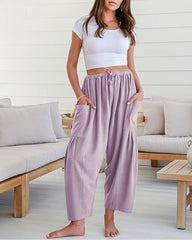 Womens Linen Wide Leg Pants Casual Loose Beach Palazzo Harem Pants with Pockets