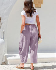Womens Linen Wide Leg Pants Casual Loose Beach Palazzo Harem Pants with Pockets