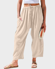 Womens Linen Wide Leg Pants Casual Loose Beach Palazzo Harem Pants with Pockets