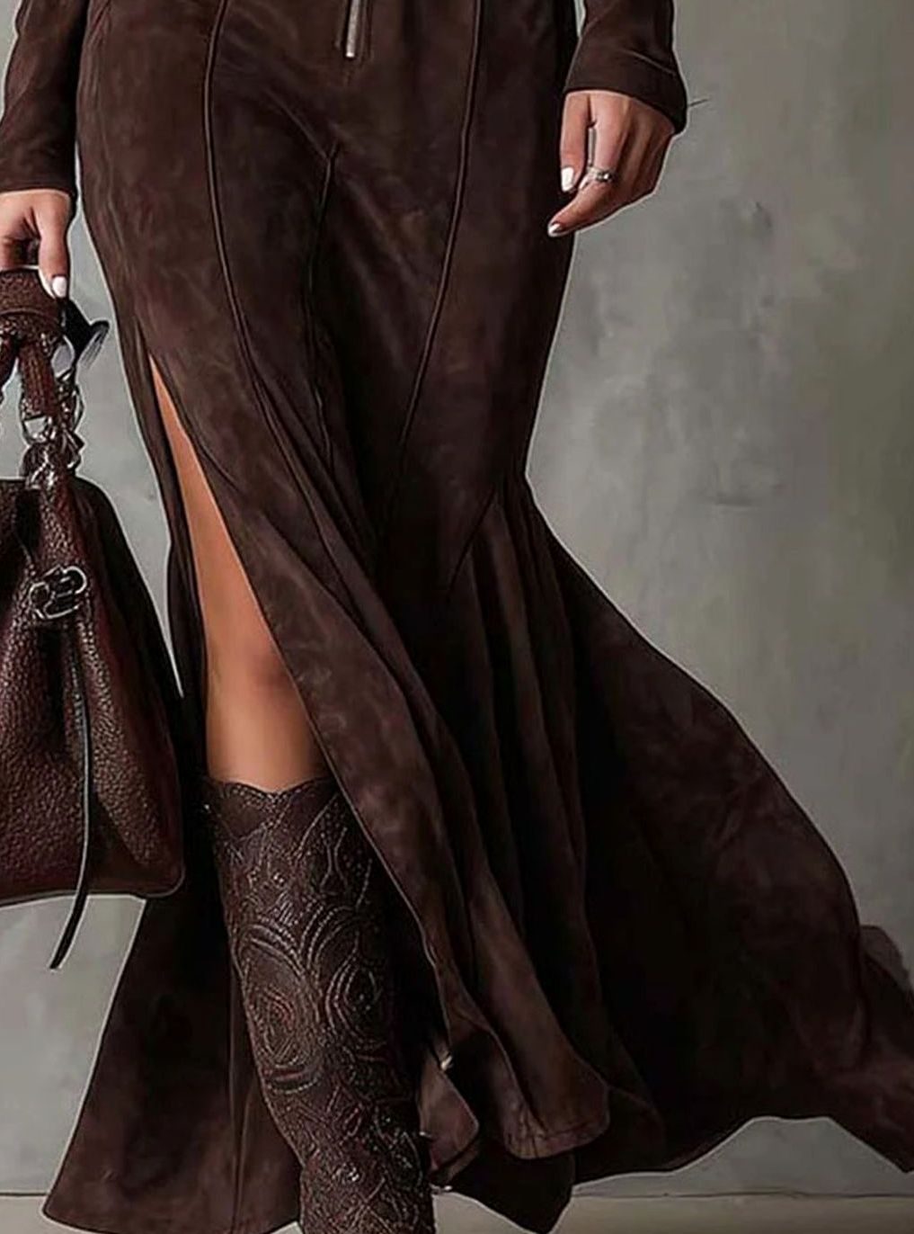 Women's Suede-Look Belted High-Slit Zip-Up Maxi Dress