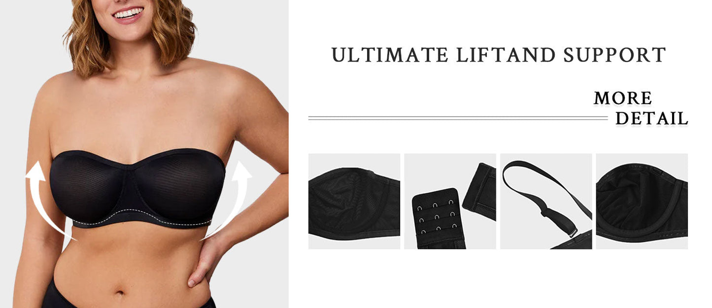 No-Slip Strapless Sheer Mesh Balconette Bra