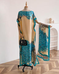Women's Peacock Print Cape Shawl & Scarf Set – Elegant Beach Swim Cover-Up