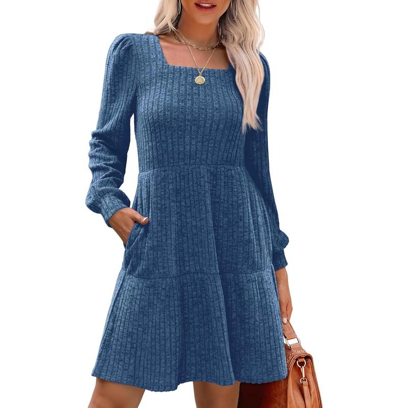 Womens Square Neck Long Sleeve Fall Dresses Casual Babydoll Sweater Dress