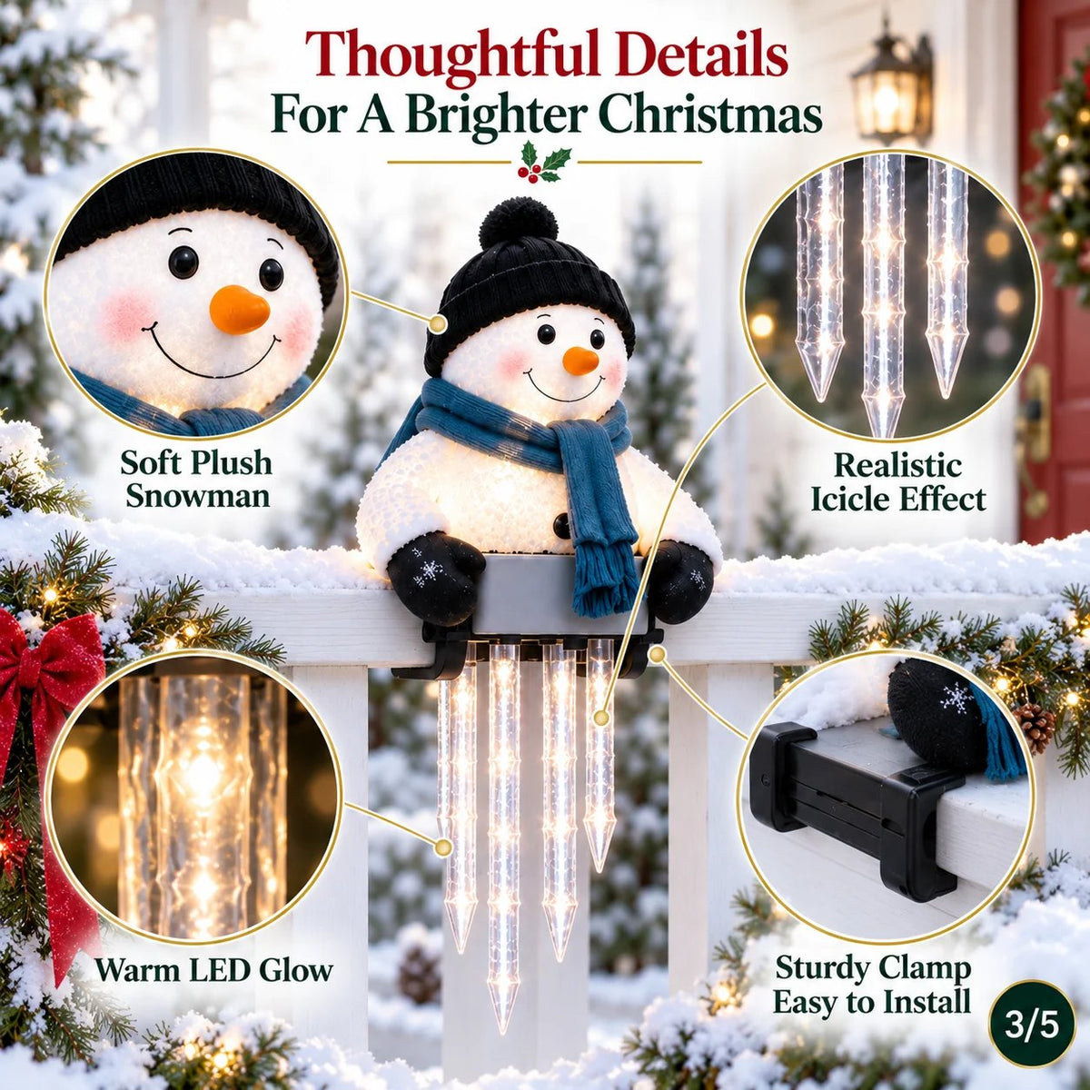 Lighted Snowman Railing Decoration with Hanging Icicles