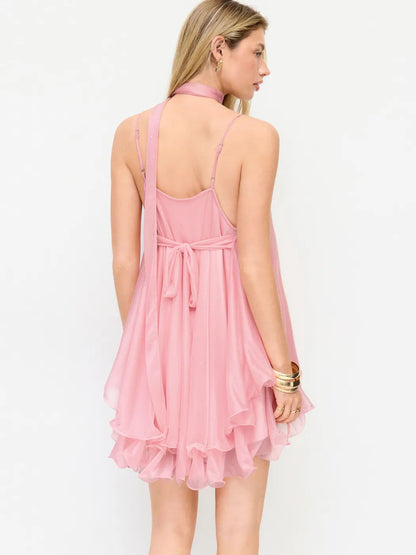 Sparkly Mesh V-Neck Slip Mini Dress with Layered Hem