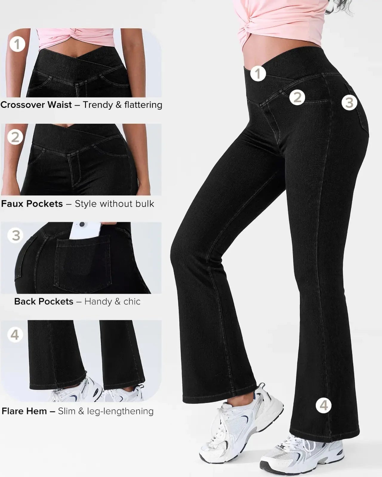 Curvy Fit High Waist Crossover Flare Denim Jeans - Illusion Pocket Stretch