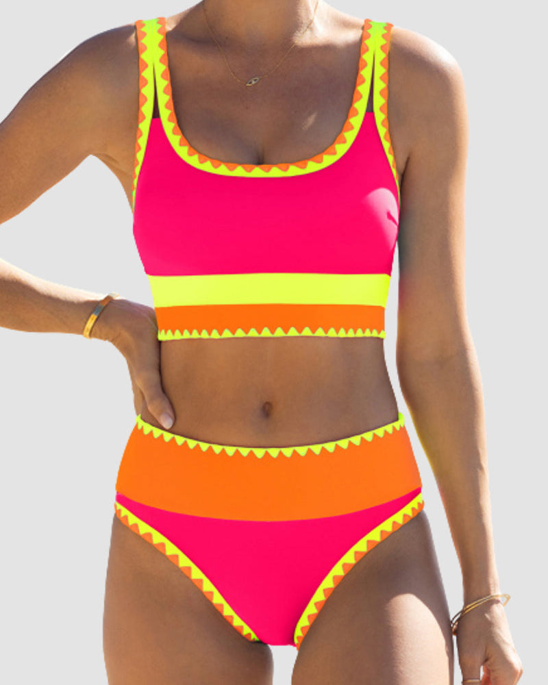 Color Contrast Patchwork Nylon Sporty 3 Piece Bikini Sets