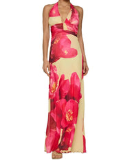 Womens Halter Backless Floral Dot Maxi Dress
