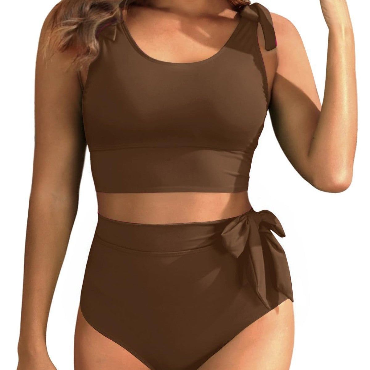 Double Tie Shoulder High Waist Tummy Control Bikini Set