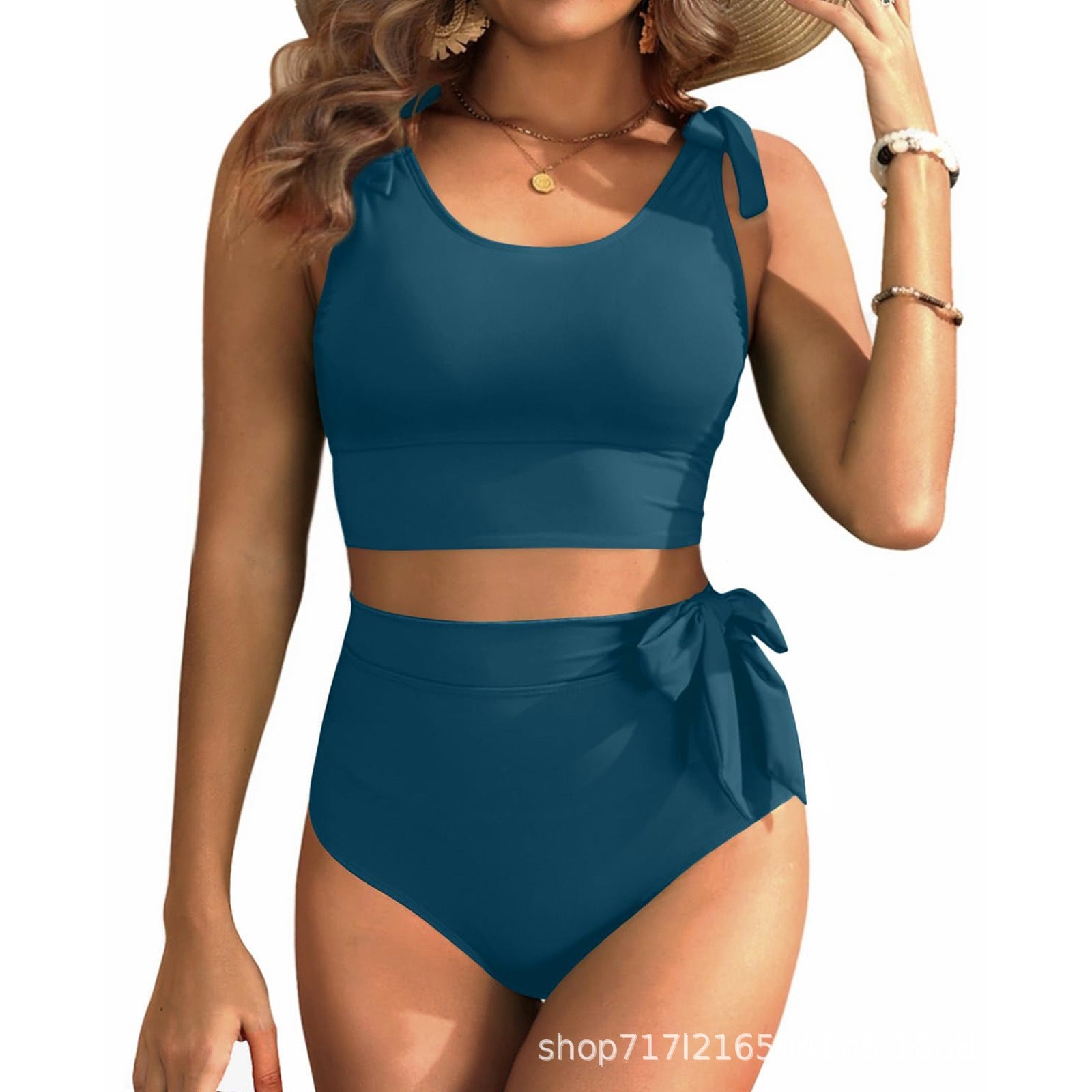 Double Tie Shoulder High Waist Tummy Control Bikini Set