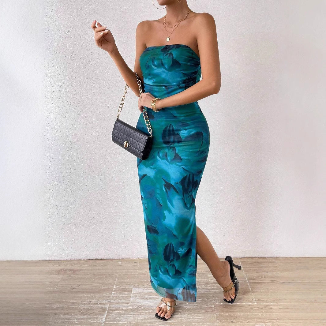 Mesh Floral Pleated Sexy Tight Split Strapless Tube-length Dress