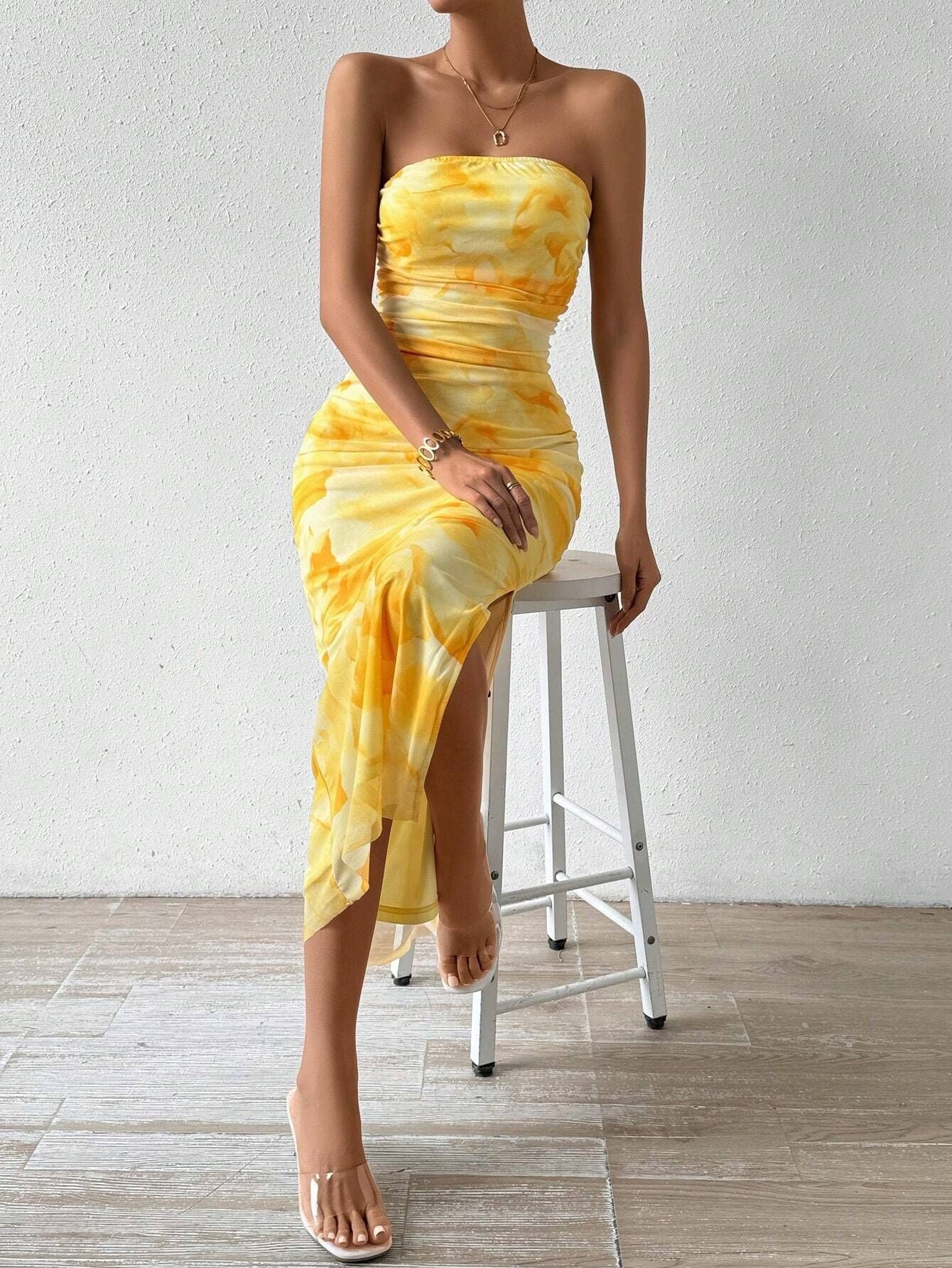 Mesh Floral Pleated Sexy Tight Split Strapless Tube-length Dress