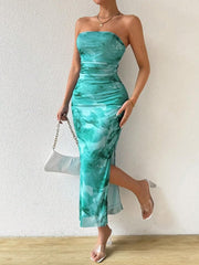 Mesh Floral Pleated Sexy Tight Split Strapless Tube-length Dress