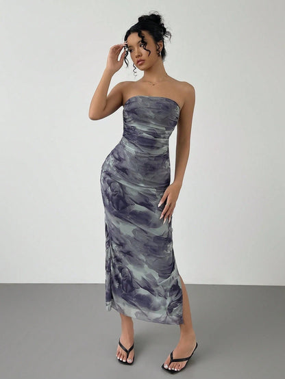 Mesh Floral Pleated Sexy Tight Split Strapless Tube-length Dress