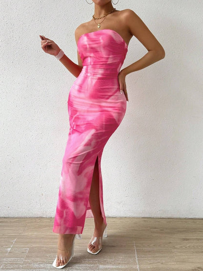 Mesh Floral Pleated Sexy Tight Split Strapless Tube-length Dress
