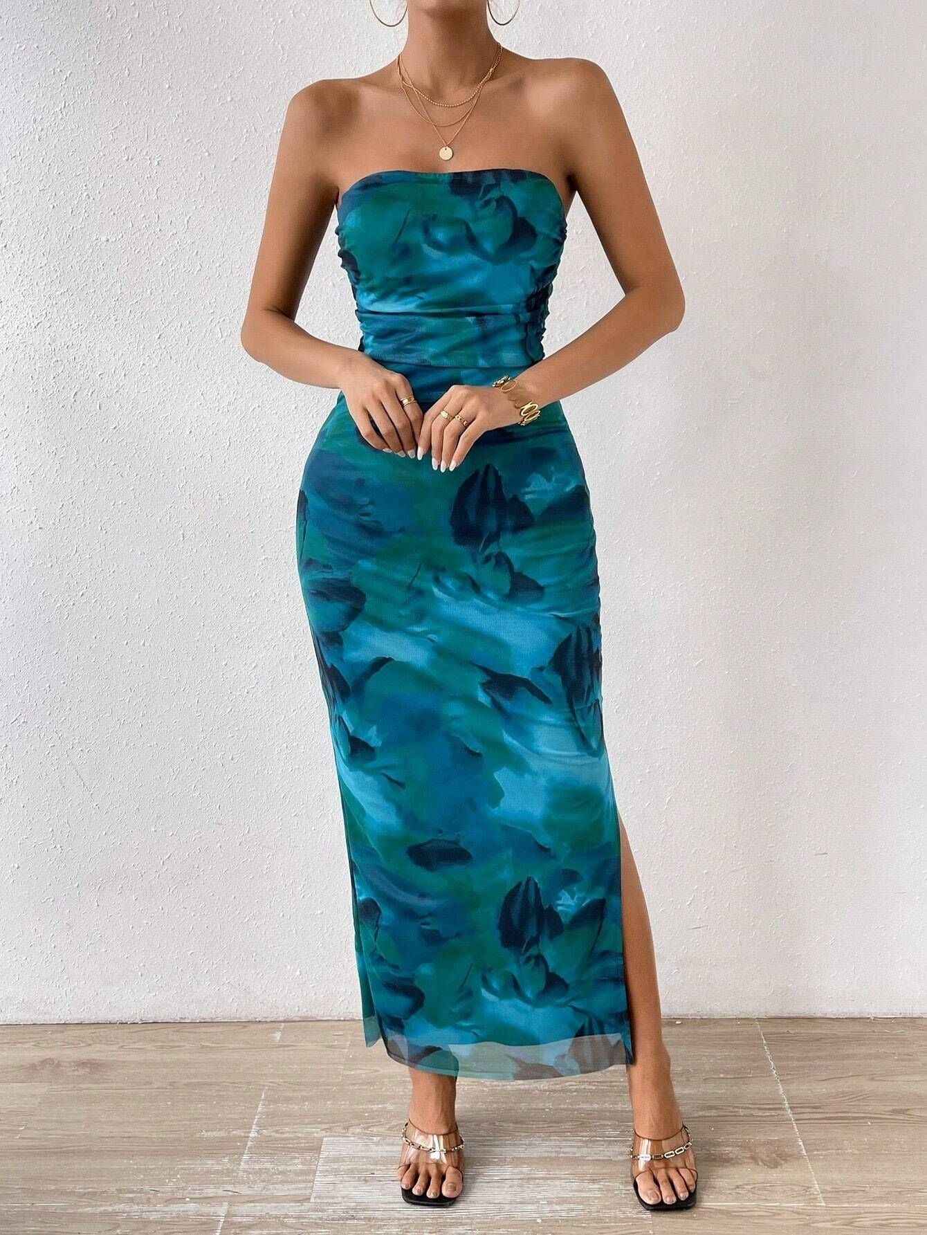 Mesh Floral Pleated Sexy Tight Split Strapless Tube-length Dress
