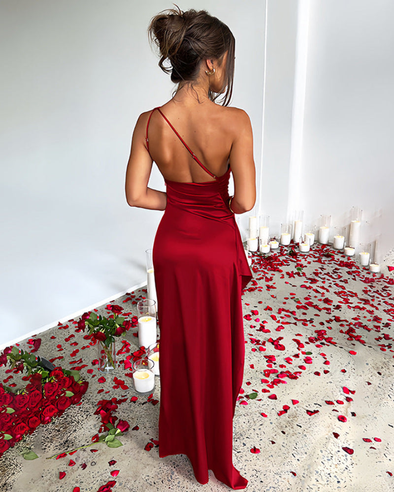 Women's Sexy One Shoulder Satin High Split Cocktail Fit Wedding Party Maxi Formal Dress