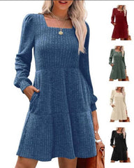 Womens Square Neck Long Sleeve Fall Dresses Casual Babydoll Sweater Dress