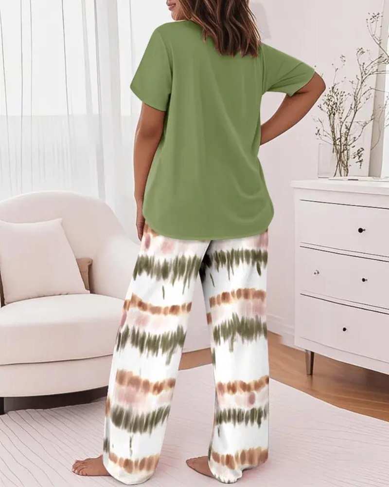 Floral Print 2-Piece Set with Round Neck Top and Ombre Loose Fit Pants