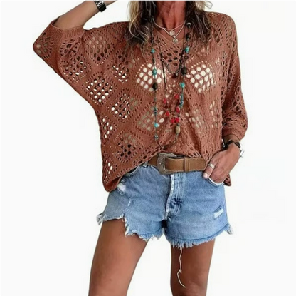 Women's Bohemian-Inspired Beige Crochet Top with V-Neck